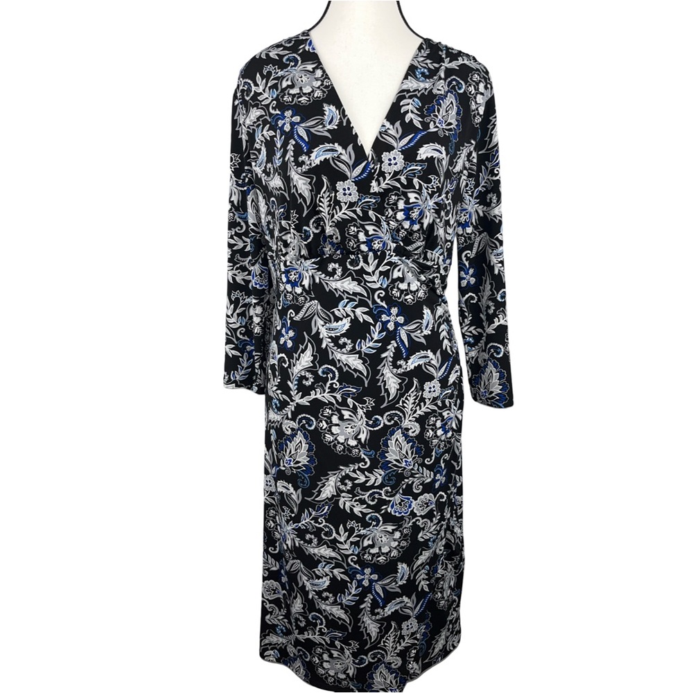 WHBM Black, White, Blue Floral Paisley V-Neck Long Sleeve Dress | L